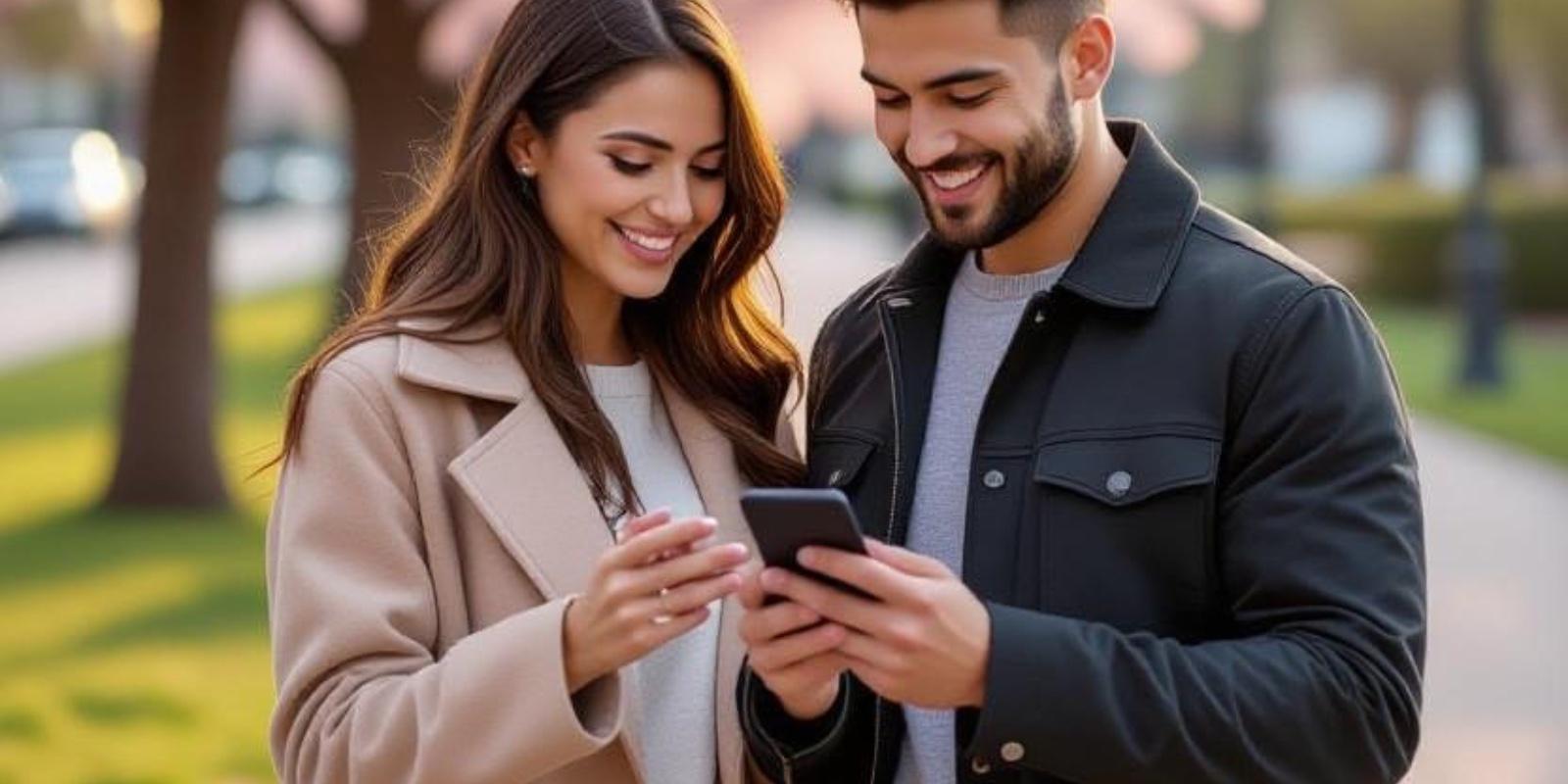 Pareja revisando opciones de vivienda en un teléfono